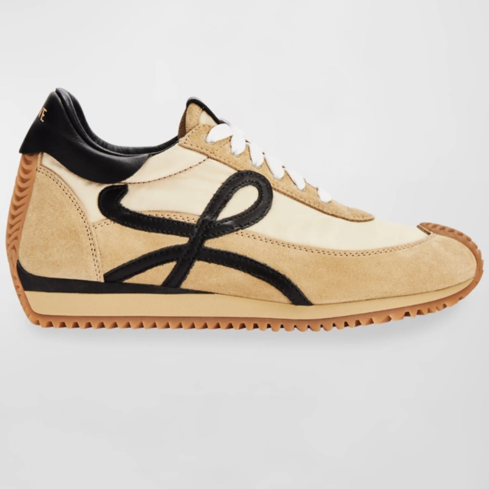 LOEWE SNEAKERS FLOW RUNNER WOMENS SIZE 9.5 / 40 NYLON SUEDE BLACK GOLD TAN SHOES